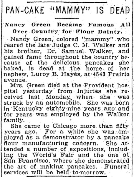 An article about Nancy Green, Chicago Daily News newspaper article 31 August 1923