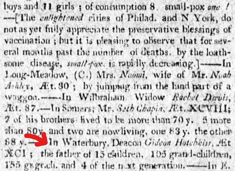 An article about Gideon Hotchkiss, Columbian Centinel newspaper article 11 November 1807