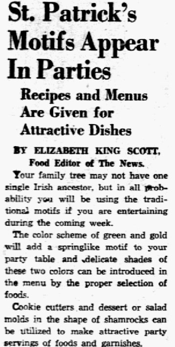 A St. Patrick's Day feast, Dallas Morning News (Dallas, Texas), 10 March 1939