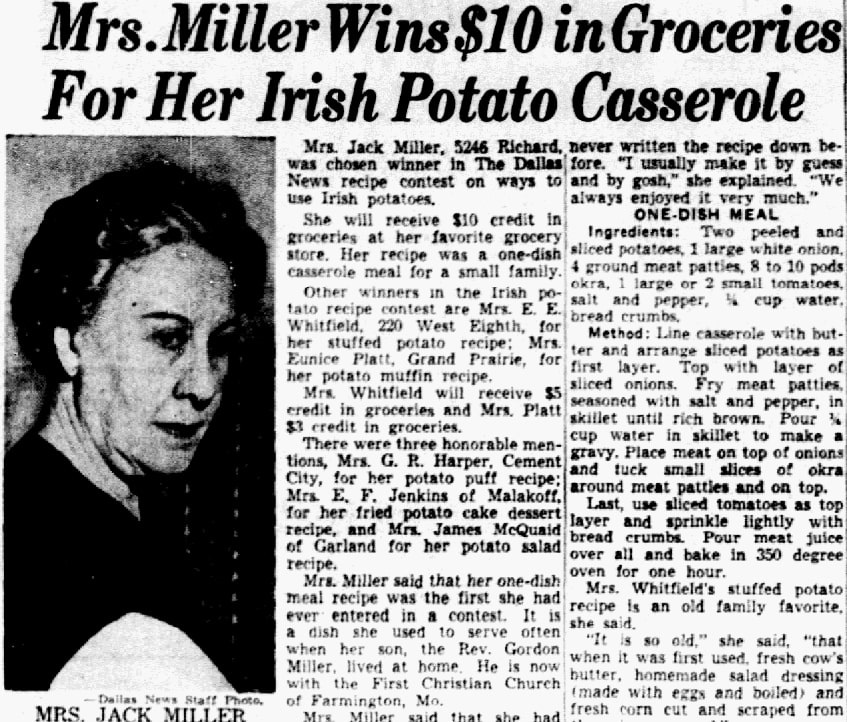 Potato casserole recipe, Dallas Morning News newspaper article 26 May 1950