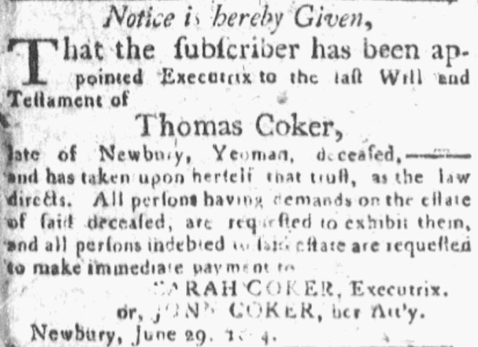 An article about Thomas Coker, Newburyport Herald newspaper article 3 July 1804