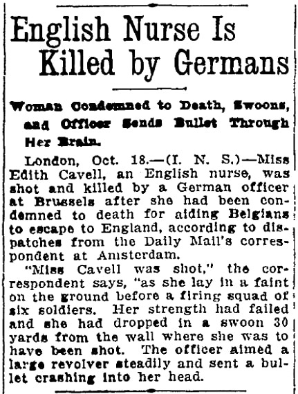 An article about Edith Cavell, Oregon Journal newspaper article 18 October 1915