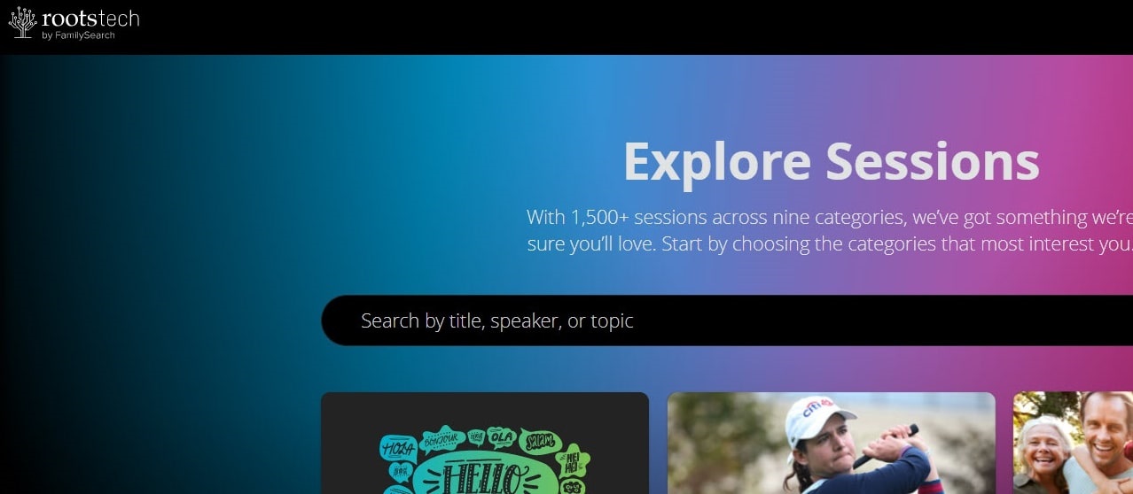 A screenshot of the RootsTech 2021 "Explore Sessions" page