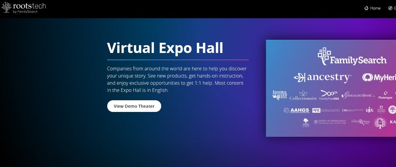 A screenshot of the RootsTech 2021 "Virtual Expo Hall" page