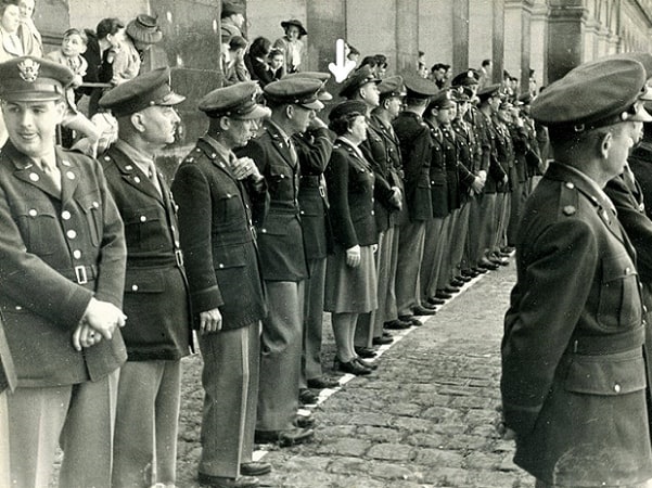 Photo: Camilla Mays Frank (arrow point) awarded the French Croix de Guerre, July 1945