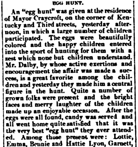 An article about an Easter egg hunt, Sedalia Weekly Bazoo newspaper article 11 April 1882