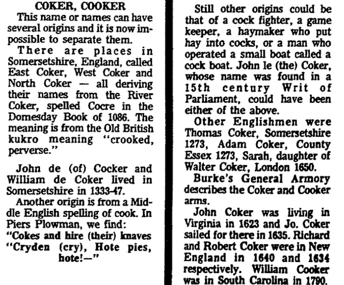 An article about the surname Coker, State Times Advocate newspaper article 31 March 1974