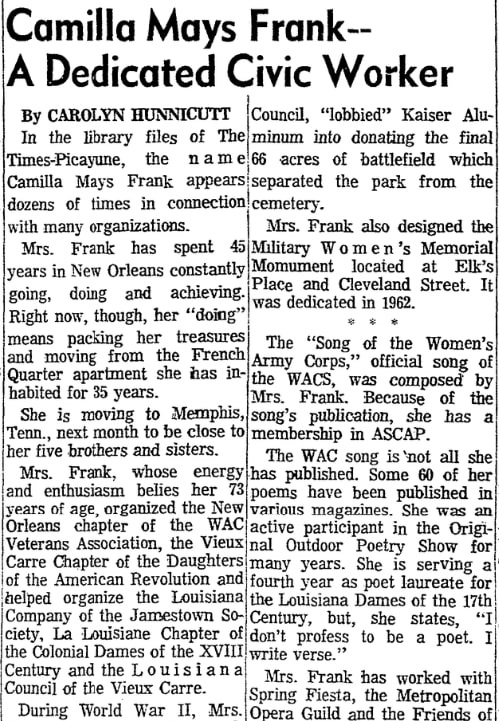 An article about Camilla Frank, Times-Picayune newspaper article 24 September 1972