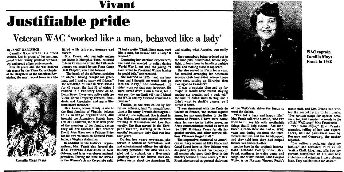 An article about Camilla Frank, Times-Picayune newspaper article 26 October 1981