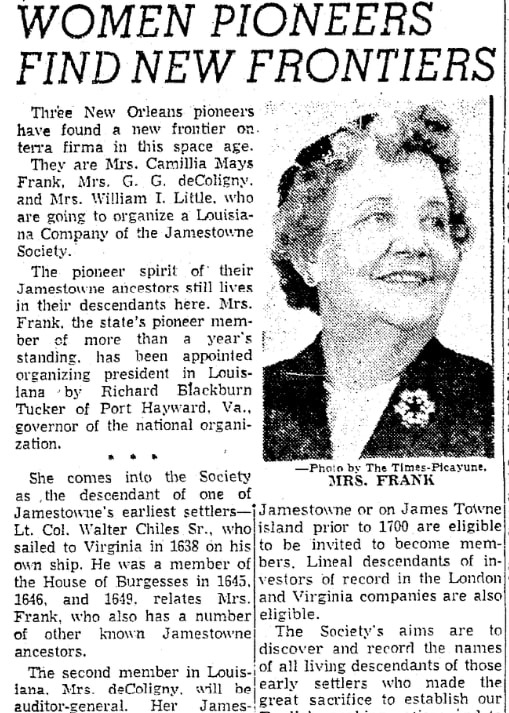 An article about Camilla Frank, Times-Picayune newspaper article 23 November 1958