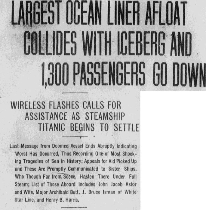 Headlines about the sinking of the Titanic, Albuquerque Journal newspaper article 15 April 1912