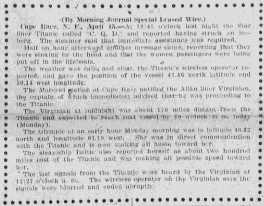An article about the sinking of the Titanic, Albuquerque Journal newspaper article 15 April 1912