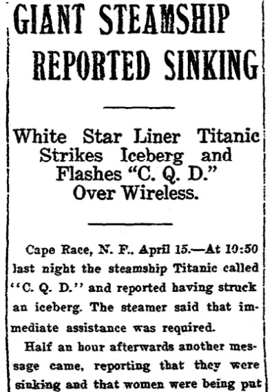 An article about the sinking of the Titanic, Arkansas Gazette newspaper article 15 April 1912