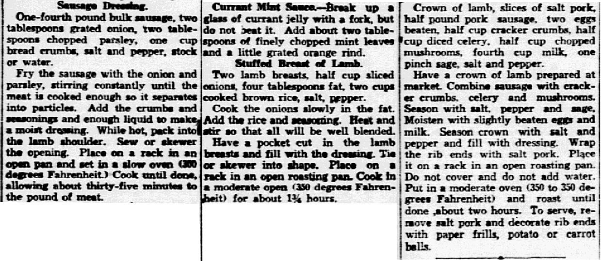 Lamb recipes, Dallas Morning News newspaper article 19 April 1935