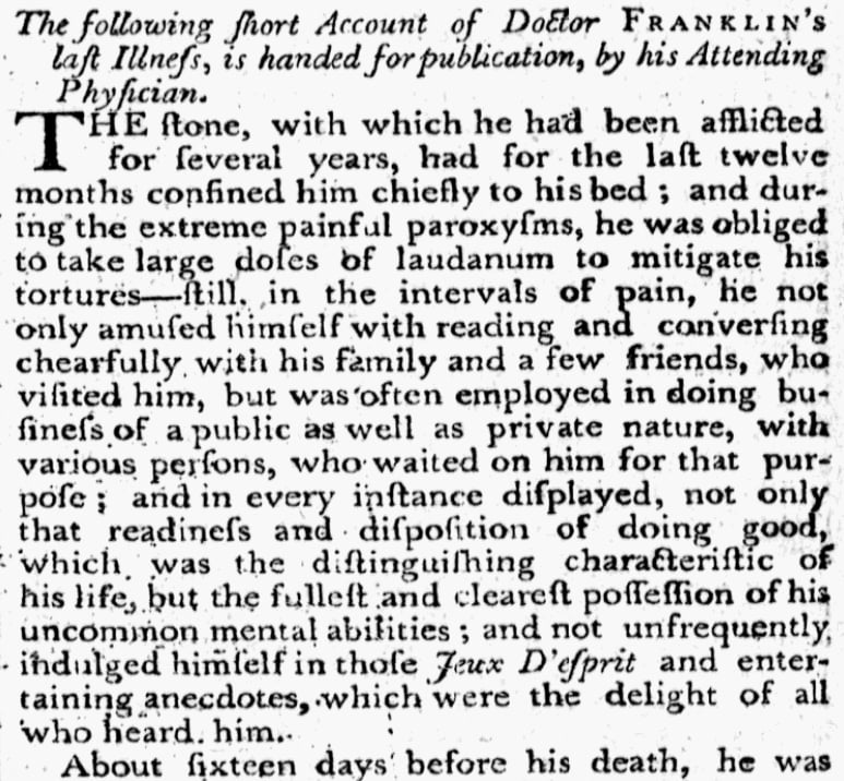 An article about Benjamin Franklin, Federal Gazette newspaper article 20 April 1790