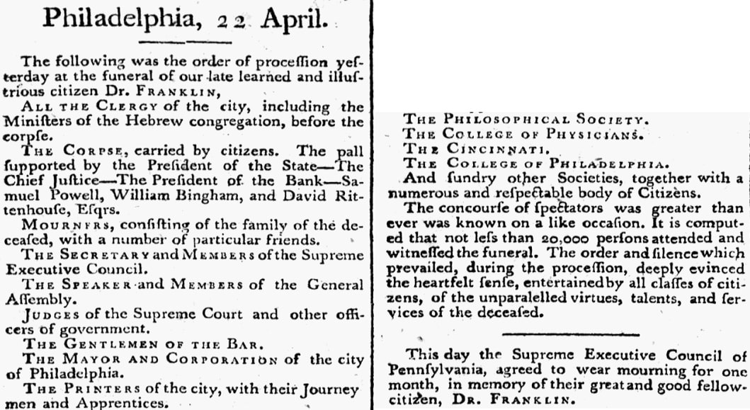 An article about Benjamin Franklin, Federal Gazette newspaper article 22 April 1790