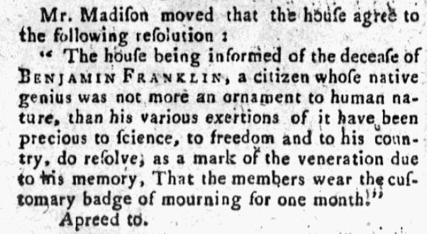 An article about Benjamin Franklin, New-York Daily Gazette newspaper article 23 April 1790