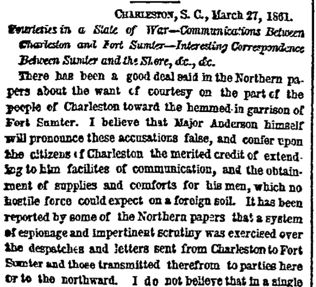 An article about tensions before the Battle of Fort Sumter, New York Herald newspaper article 6 April 1861