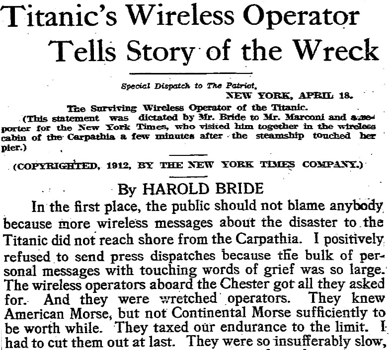 An article about the sinking of the Titanic, Patriot newspaper article 19 April 1912