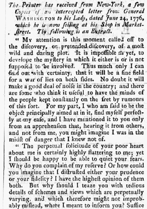 An article about George Washington, Pennsylvania Ledger newspaper article 24 December 1777