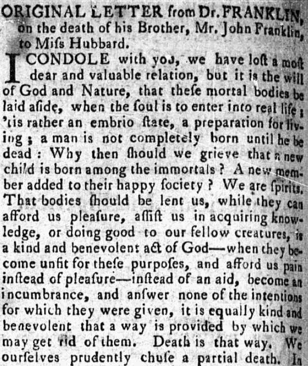 An article about Benjamin Franklin, Pennsylvania Mercury and Universal Advertiser newspaper article 22 April 1790