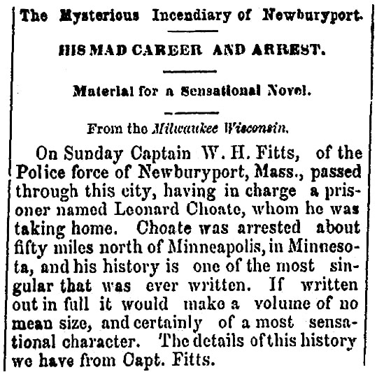 An article about Leonard Choate's arrest, Schenectady Evening Star newspaper article 4 March 1869