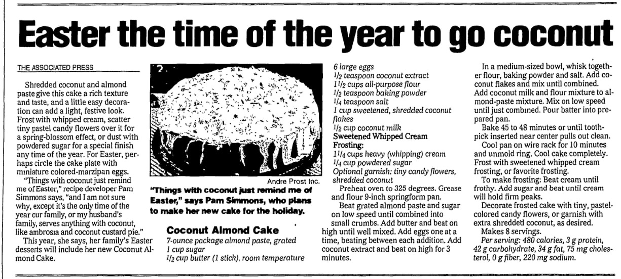 A cake recipe, State Journal-Register newspaper article 23 March 2005