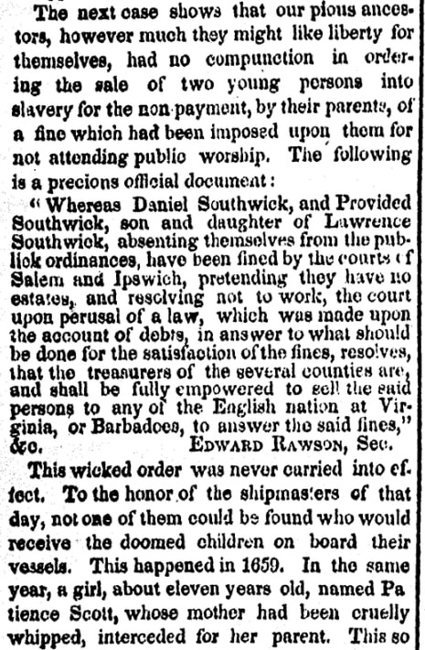 An article about Quaker persecution in the 17th century Massachusetts Bay Colony, Boston Herald newspaper article 27 July 1853