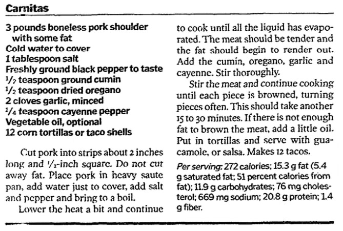 A recipe for carnitas, Detroit News newspaper article 28 January 1999