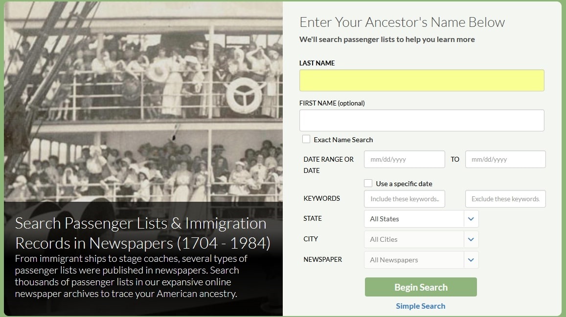 Screenshot of GenealogyBank's passenger lists search form