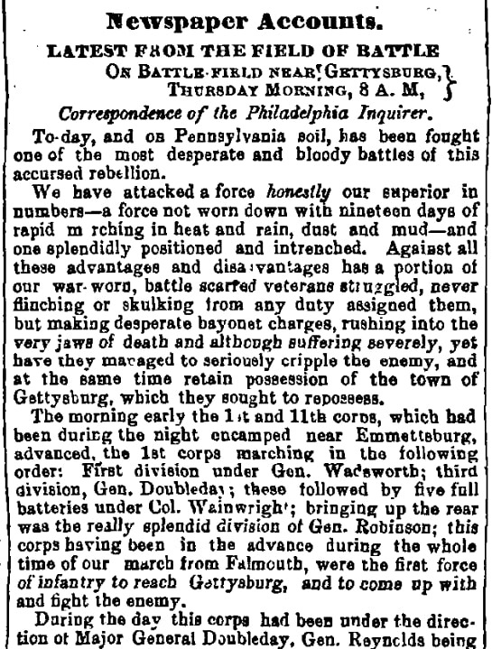 An article about the Battle of Gettysburg, Journal of Commerce, Jr. newspaper article 4 July 1863