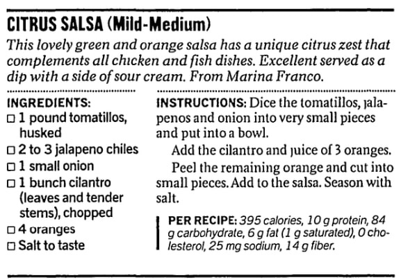 A citrus salsa recipe, San Francisco Chronicle newspaper article 25 September 2002