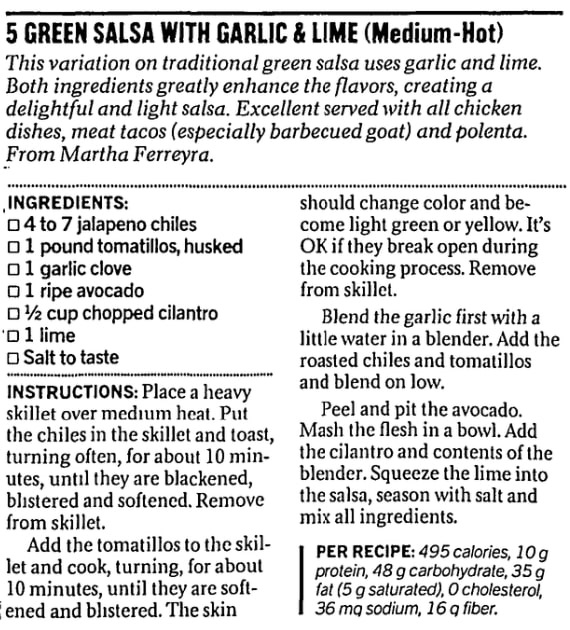 A green salsa recipe, San Francisco Chronicle newspaper article 25 September 2002