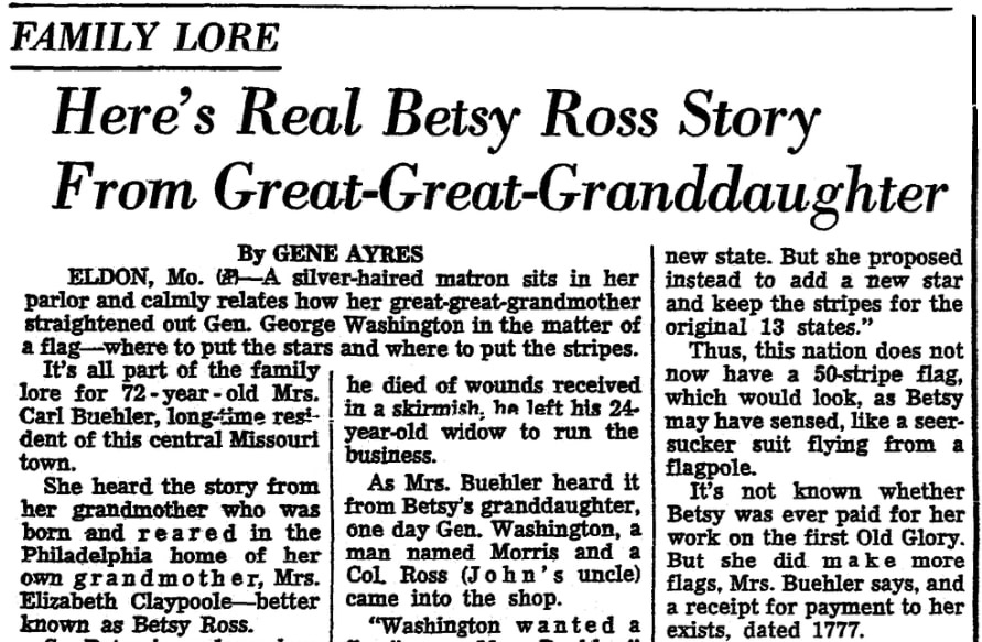 An article about Betsy Ross and the first American flag, Columbus Dispatch newspaper article 4 July 1963