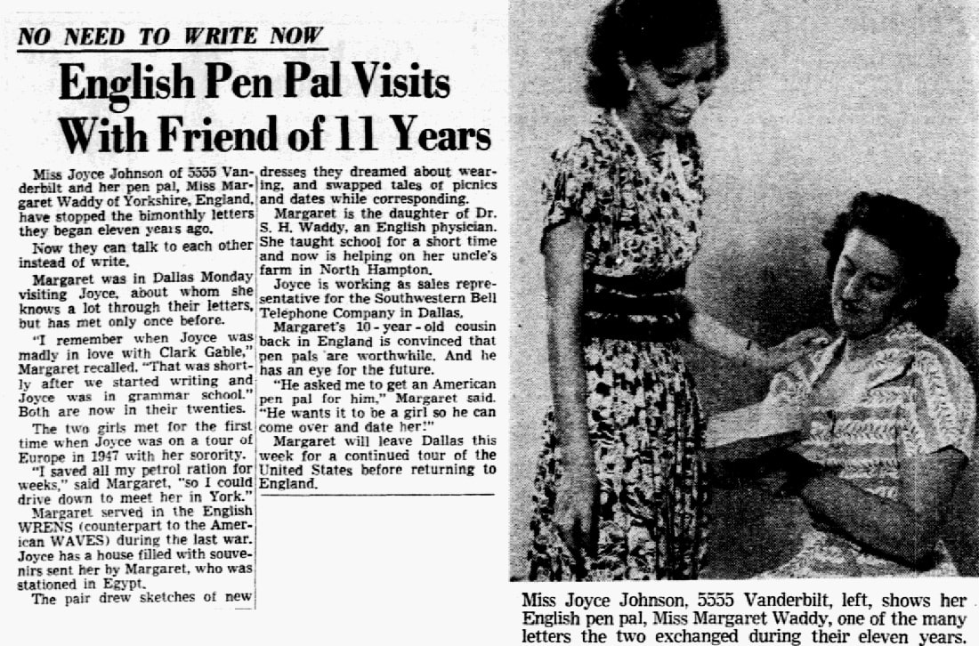 An article about pen pals, Dallas Morning News newspaper article 19 July 1949