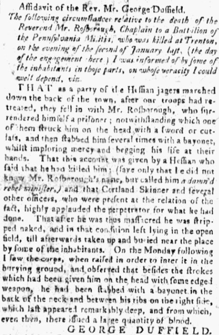 An article about the American Revolutionary War, Dunlap’s Pennsylvania Packet newspaper article 29 April 1777