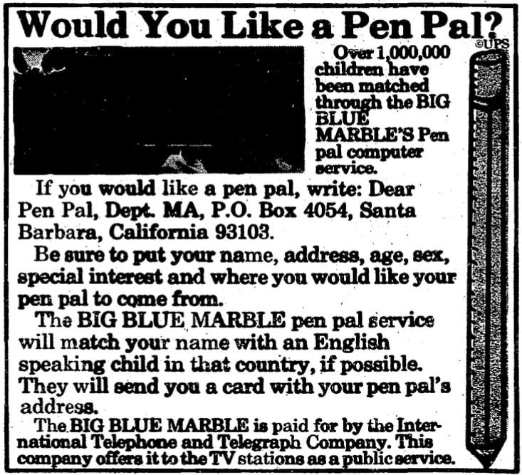 An article about pen pals, Evening Star newspaper article 14 May 1978
