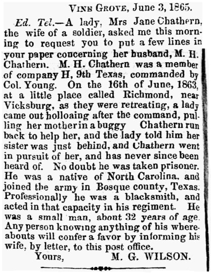 An article about the Chatham family, Houston Tri-Weekly Telegraph newspaper article 9 June 1865