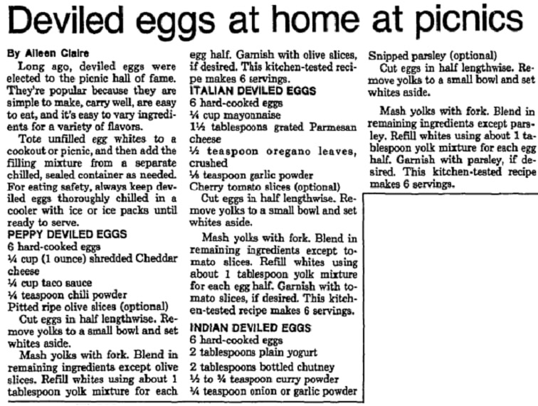 Recipes for deviled eggs, Las Vegas Review-Journal newspaper article 13 July 1988