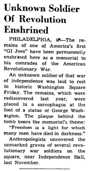 An article about the Tomb of the Unknown Revolutionary War Soldier, Nome Nugget newspaper article 1 July 1957