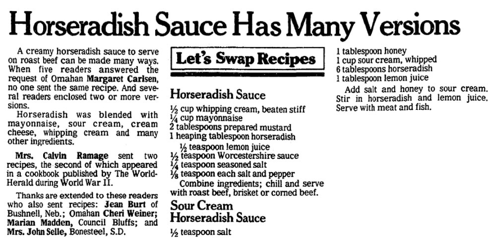 Recipes for horseradish sauce, Omaha World-Herald newspaper article 20 April 1983