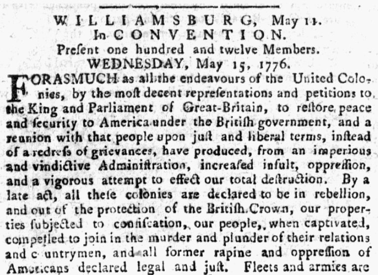 An article about a convention of independence-minded delegates in Virginia, Pennsylvania Evening Post newspaper article 28 May 1776