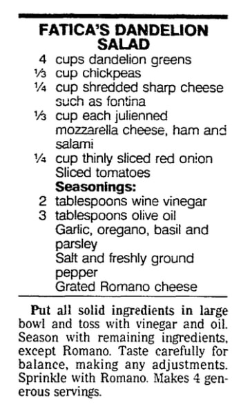 A recipe for dandelion salad, Plain Dealer newspaper article 19 April 1989