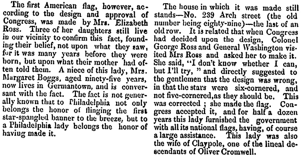 An article about Betsy Ross and the first American flag, Portsmouth Journal of Literature and Politics newspaper article 16 April 1870