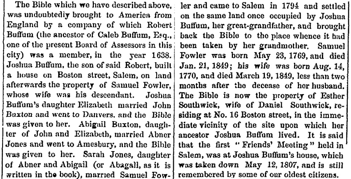 An article about the genealogy contained in the Buffum family Bible, Salem Register newspaper article 5 April 1875