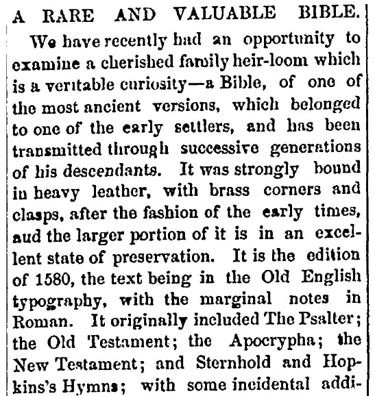 An article about the Buffum family Bible, Salem Register newspaper article 5 April 1875