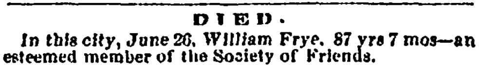 An obituary for William Frye, Salem Register newspaper article 30 June 1862