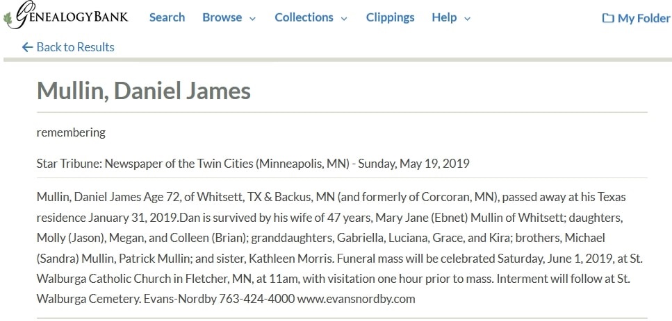 An obituary for Daniel Mullin, Star Tribune newspaper article 19 May 2019