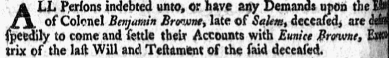 An article about Eunice Turner Browne, Boston Evening-Post newspaper article 25 June 1750