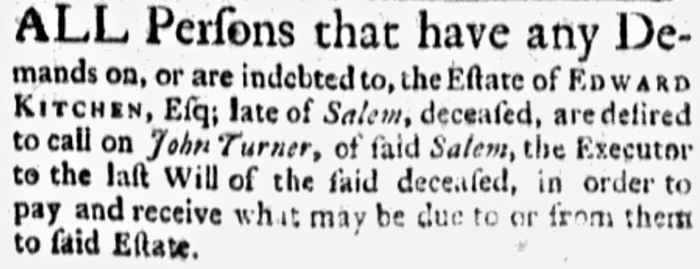 An article about Edward Kitchen, Boston Evening-Post newspaper article 8 September 1766